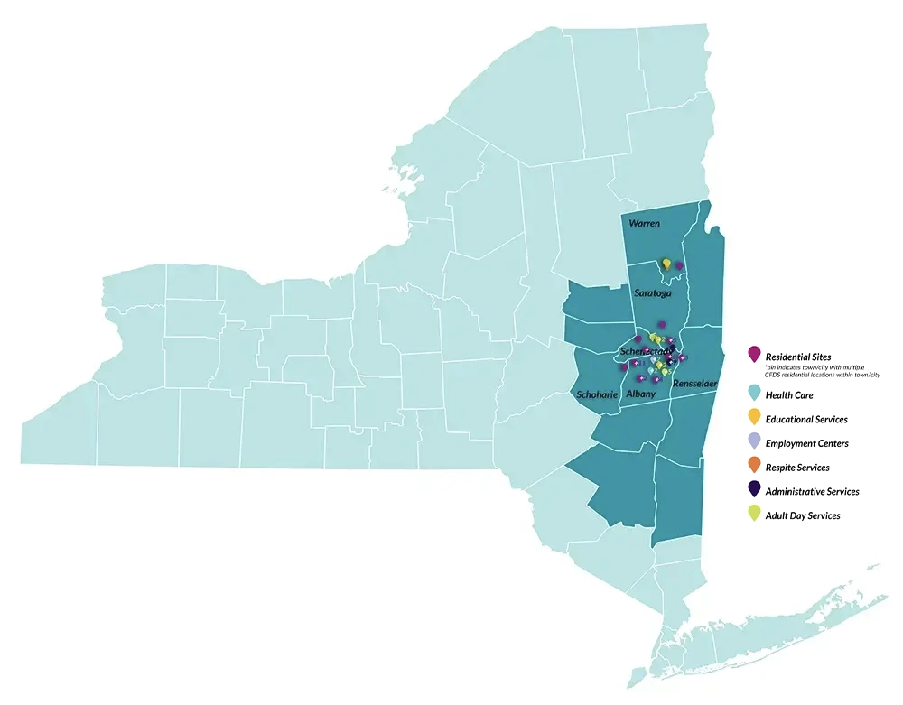 Map of New York, showing all counties, with Warren, Saratoga, Schenectady, Schoharie, Albany, and Rensselaer counties of New York, with highlighted to show service area in east central New York in the Hudson Valley and Capital District.