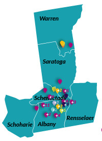 Map of NY Counties with pins describing different places one might advocate.