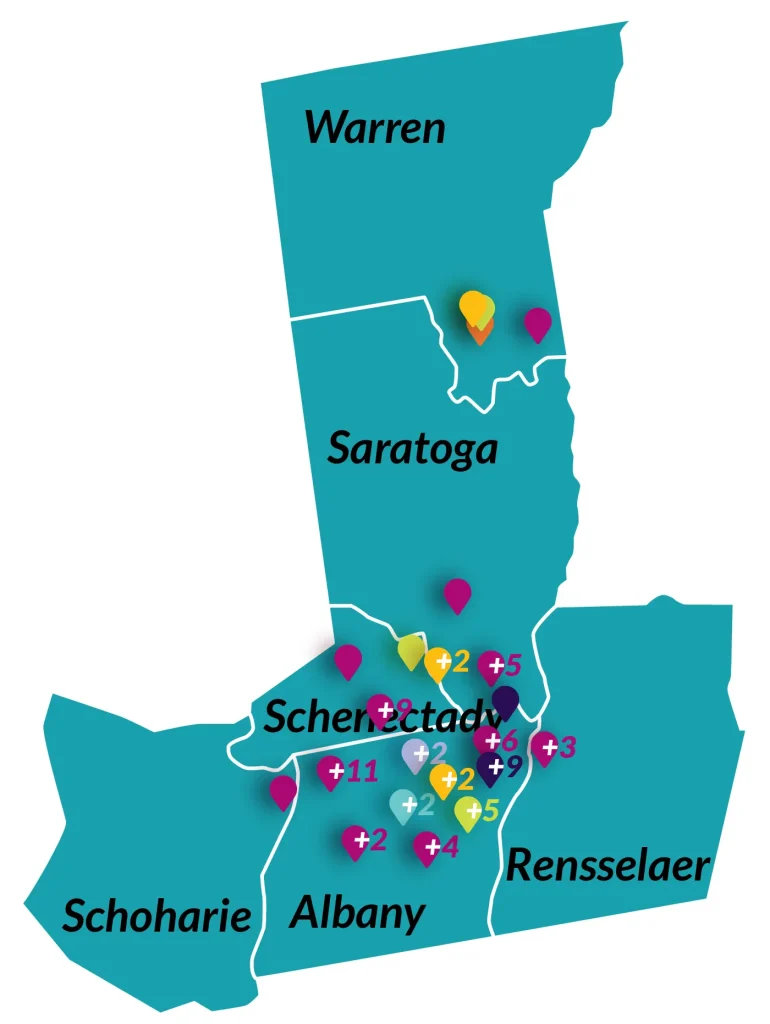 Map of Warren, Saratoga, Schenectady, Schoharie, Albany, and Rensselaer counties of New York, with pins showing Center for Disability Services locations and service area.